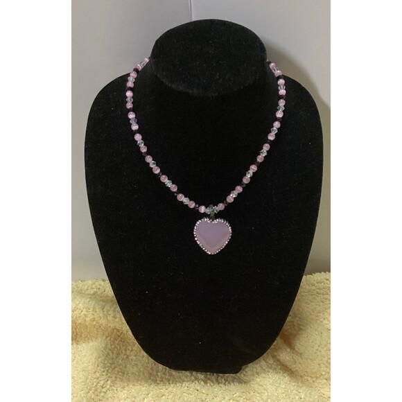 Pink Quartzlike Heart Pendant Necklace with Glass Beads & Magnetic Clasp - Picture 1 of 12